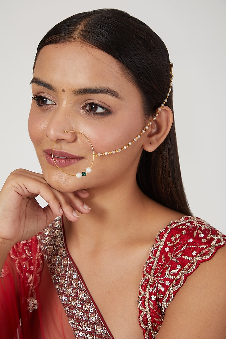 Gold Finish Kundan Polki Nose Ring With Attached String by Namasya