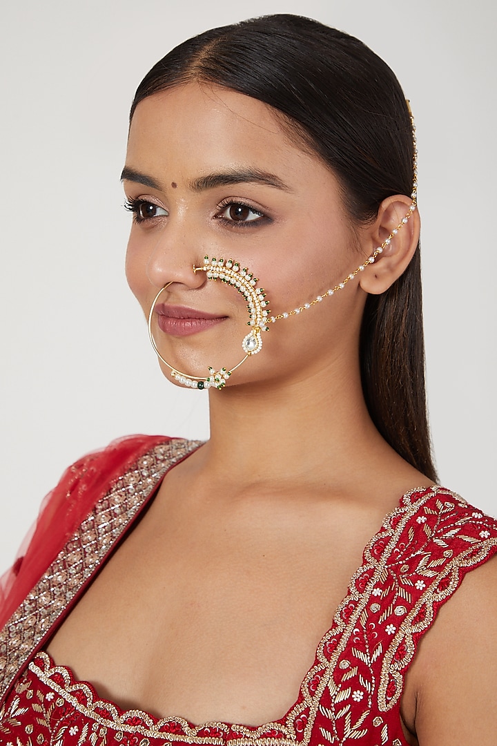 Gold Finish Pearl Nose Ring With Attached String by Namasya