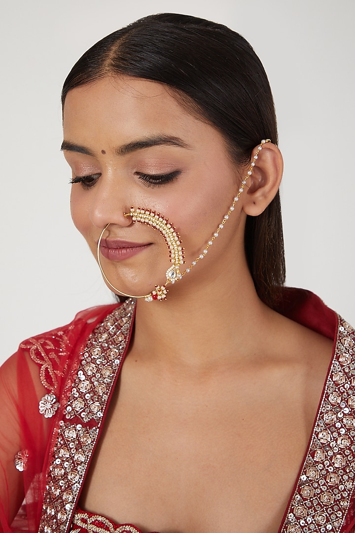 Gold Finish Kundan Polki Nose Ring With Attached String by Namasya