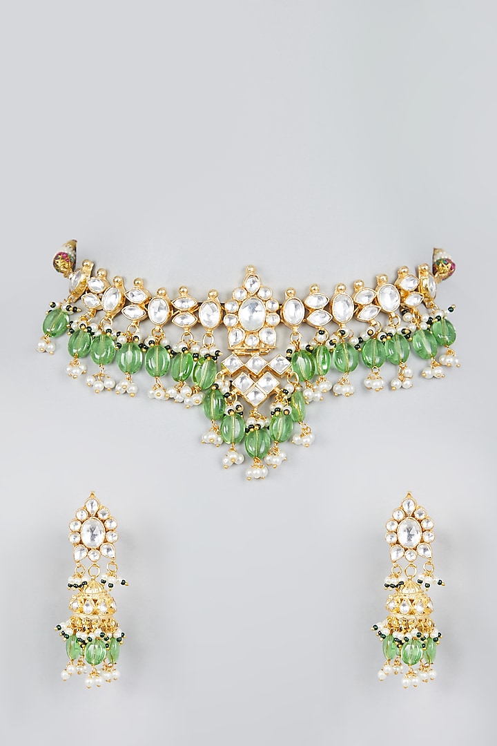 Gold Finish Kundan Polki Necklace Set by Namasya at Pernia's Pop Up Shop