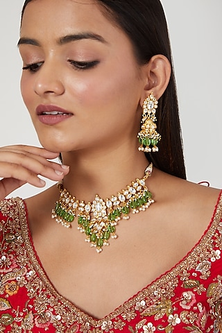 Gold Finish Kundan Polki Necklace Set by Namasya
