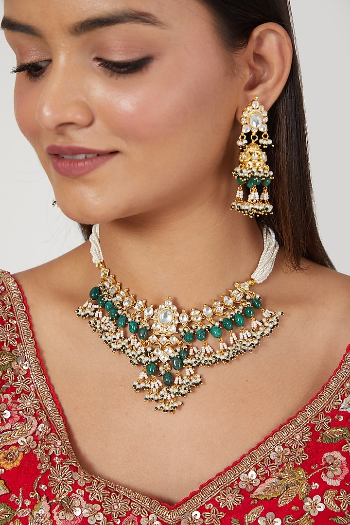 Gold Finish Pearl Necklace Set by Namasya
