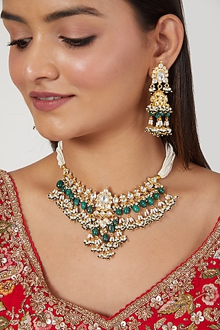 Gold Finish Pearl Necklace Set by Namasya