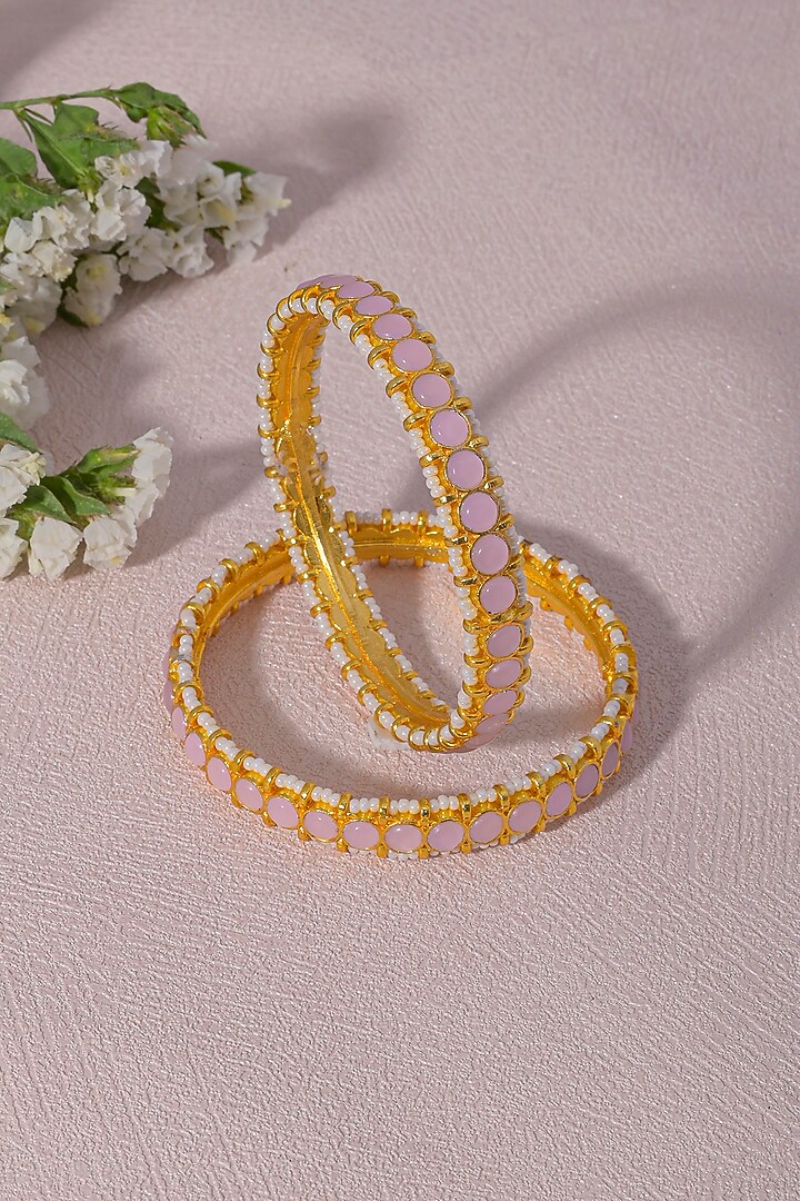 Gold Finish Kundan Polki & Pearl Bangles (Set of 2) by Namasya at Pernia's Pop Up Shop
