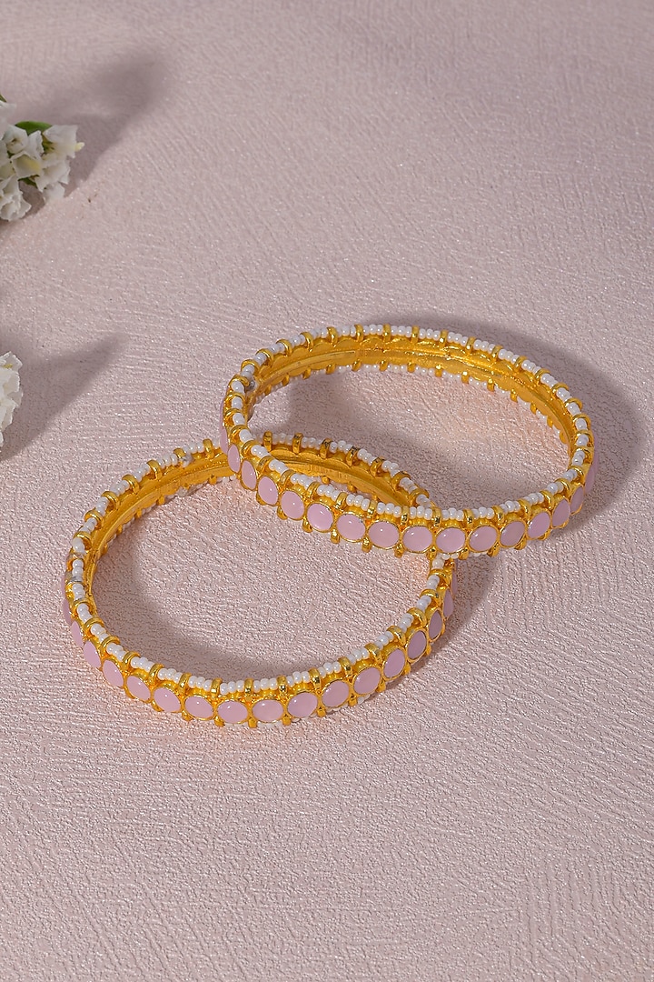 Gold Finish Kundan Polki & Pearl Bangles (Set of 2) by Namasya at Pernia's Pop Up Shop
