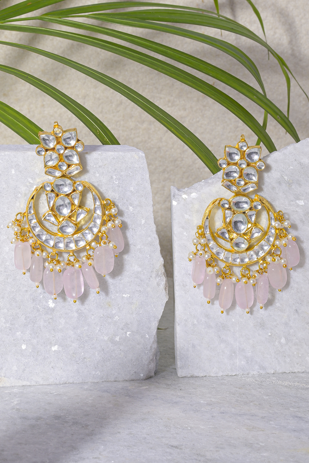 Gold Finish Pink Beads & Kundan Polki Earrings by Namasya