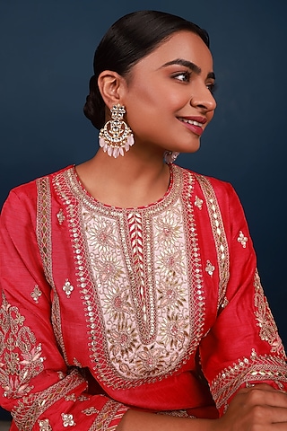 Gold Finish Pink Beads & Kundan Polki Earrings by Namasya