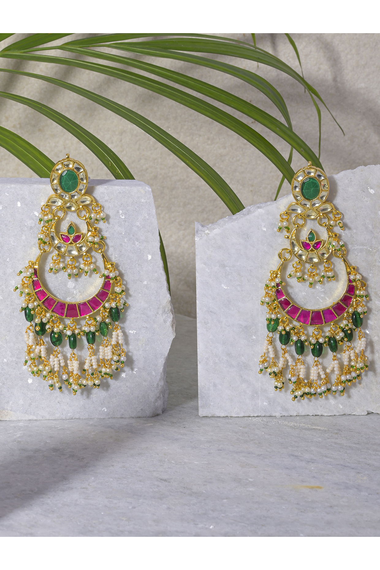 Gold Finish Pink & Green Kundan Polki Earrings by Namasya