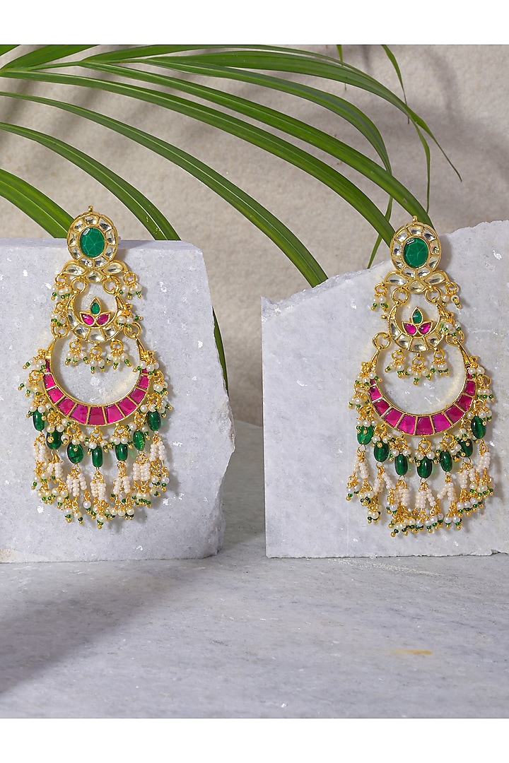 Gold Finish Pink & Green Kundan Polki Earrings by Namasya
