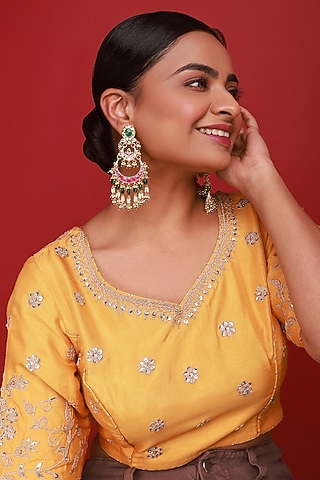 Gold Finish Pink & Green Kundan Polki Earrings by Namasya