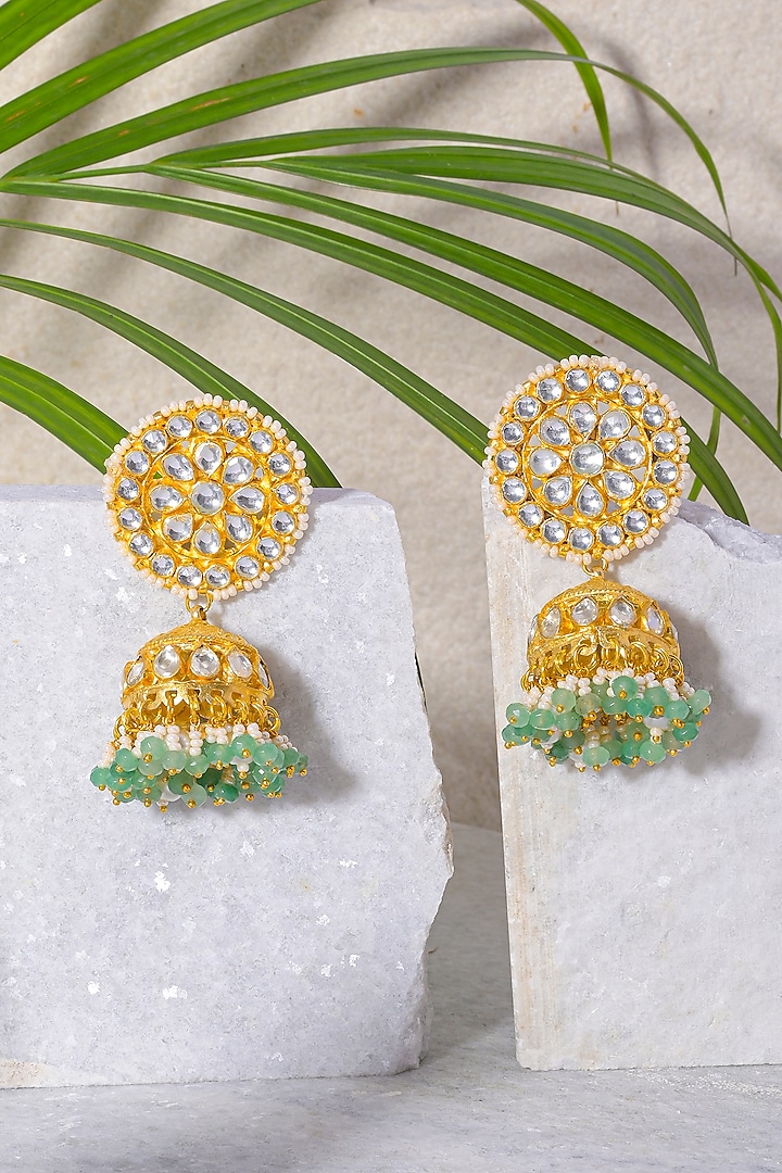 Gold Finish Mint Green Beaded Jhumka Earrings by Namasya