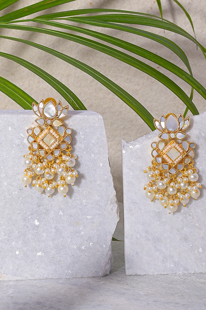 Gold Finish Pearl Beaded Earrings by Namasya