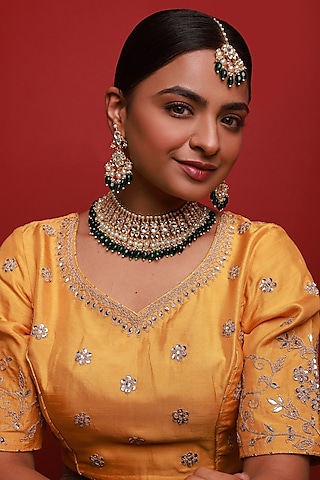 Gold Finish Green Beads & Kundan Polki Necklace Set by Namasya