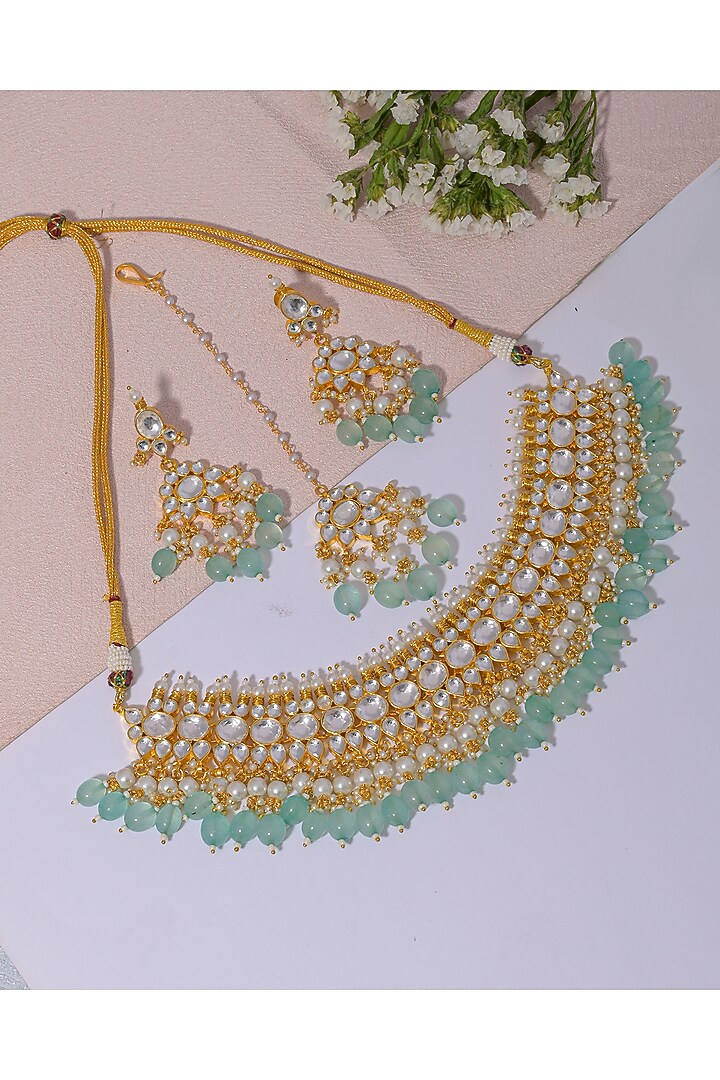 Gold Finish Blue Beads & Kundan Polki Necklace Set by Namasya at Pernia's Pop Up Shop