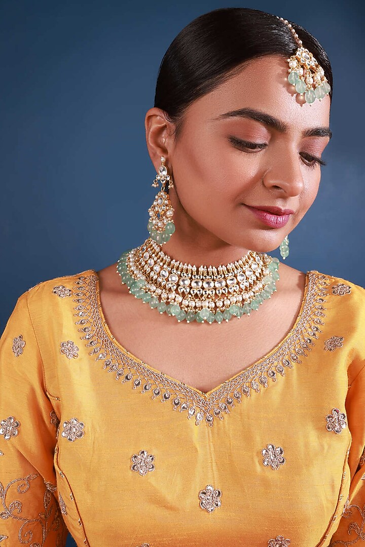 Gold Finish Blue Beads & Kundan Polki Necklace Set by Namasya at Pernia's Pop Up Shop
