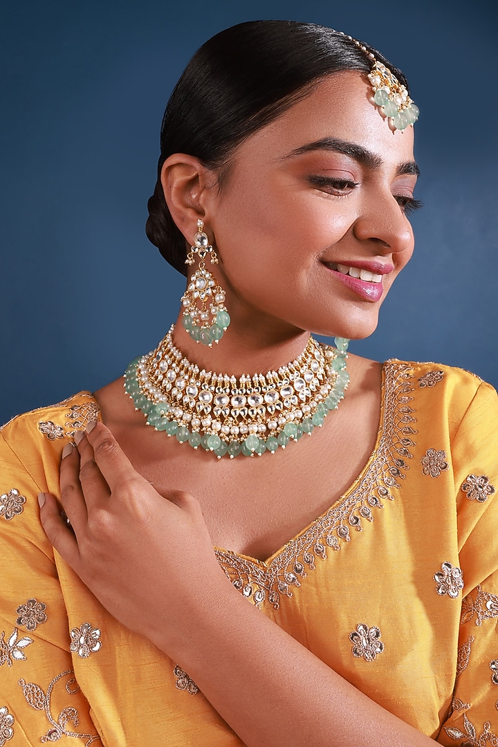 Gold Finish Blue Beads & Kundan Polki Necklace Set by Namasya at Pernia's Pop Up Shop