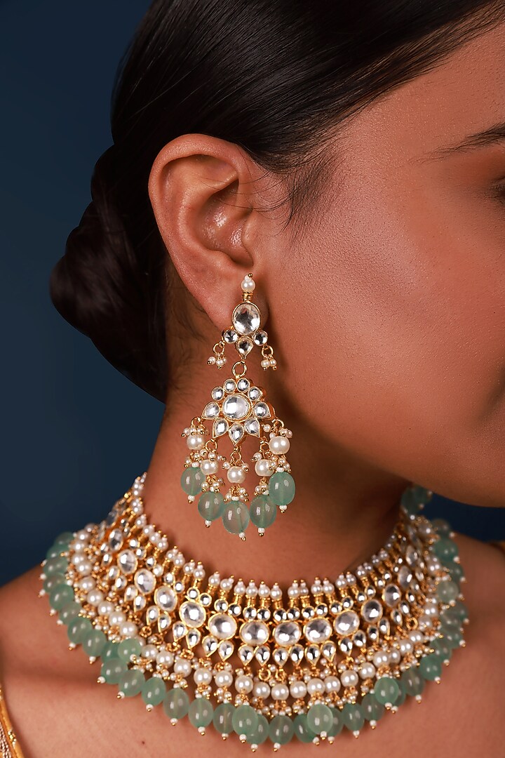 Gold Finish Blue Beads & Kundan Polki Necklace Set by Namasya at Pernia's Pop Up Shop