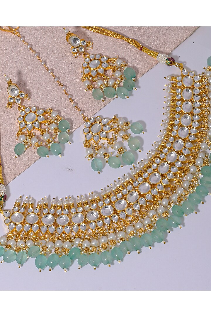 Gold Finish Blue Beads & Kundan Polki Necklace Set by Namasya at Pernia's Pop Up Shop