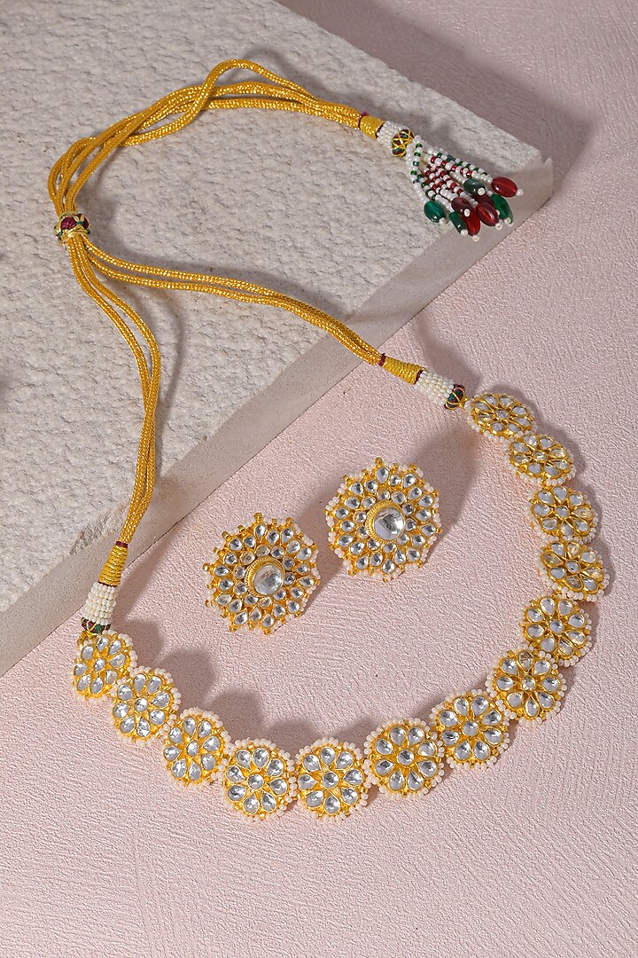 Gold Finish Pearl & Kundan Polki Choker Necklace Set by Namasya at Pernia's Pop Up Shop