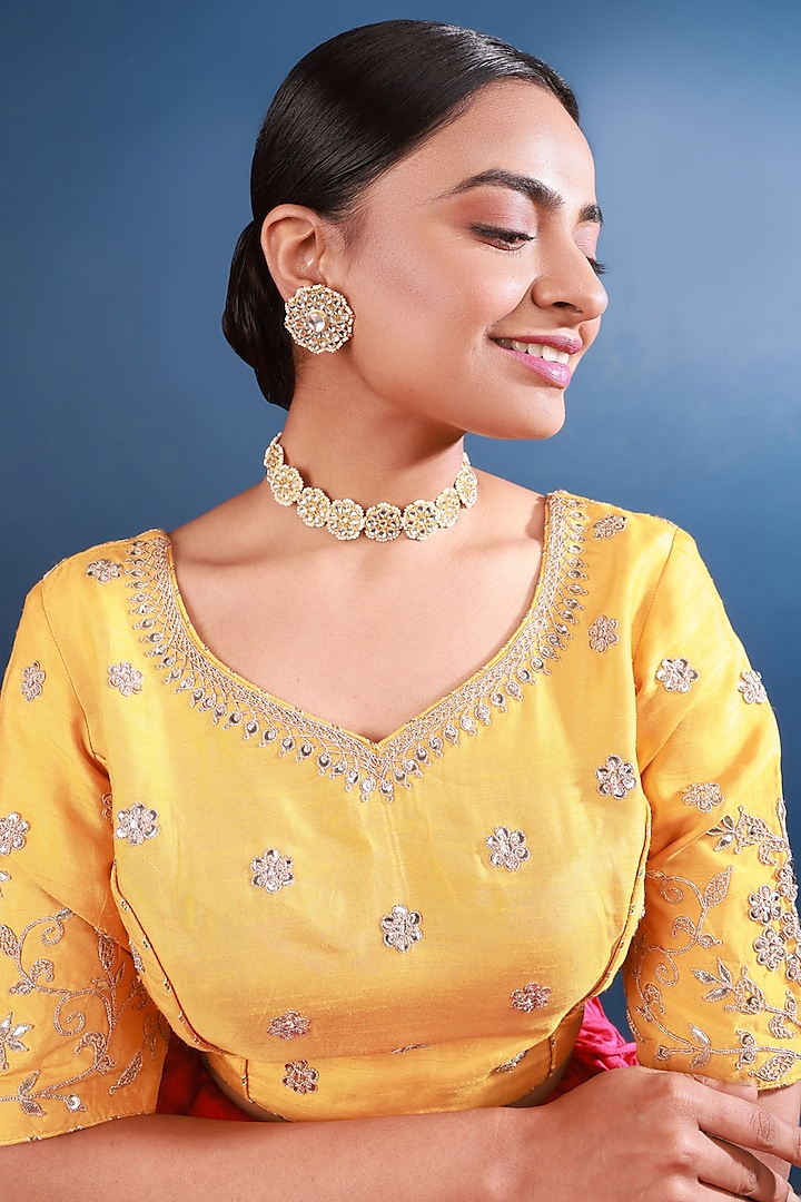 Gold Finish Pearl & Kundan Polki Choker Necklace Set by Namasya