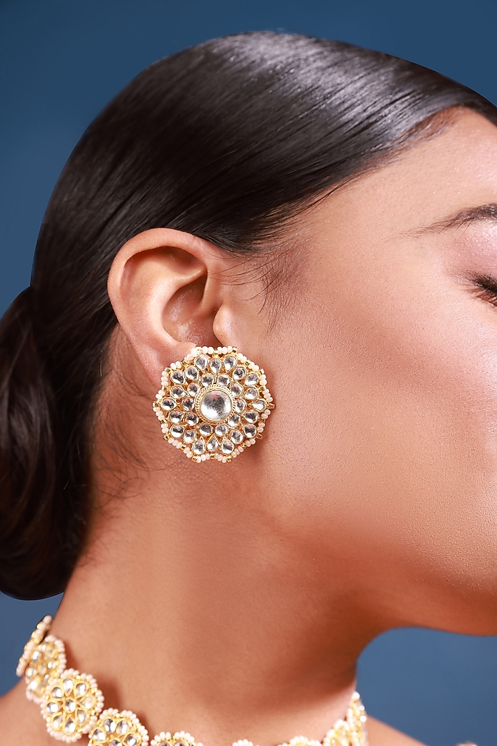 Gold Finish Pearl & Kundan Polki Choker Necklace Set by Namasya at Pernia's Pop Up Shop