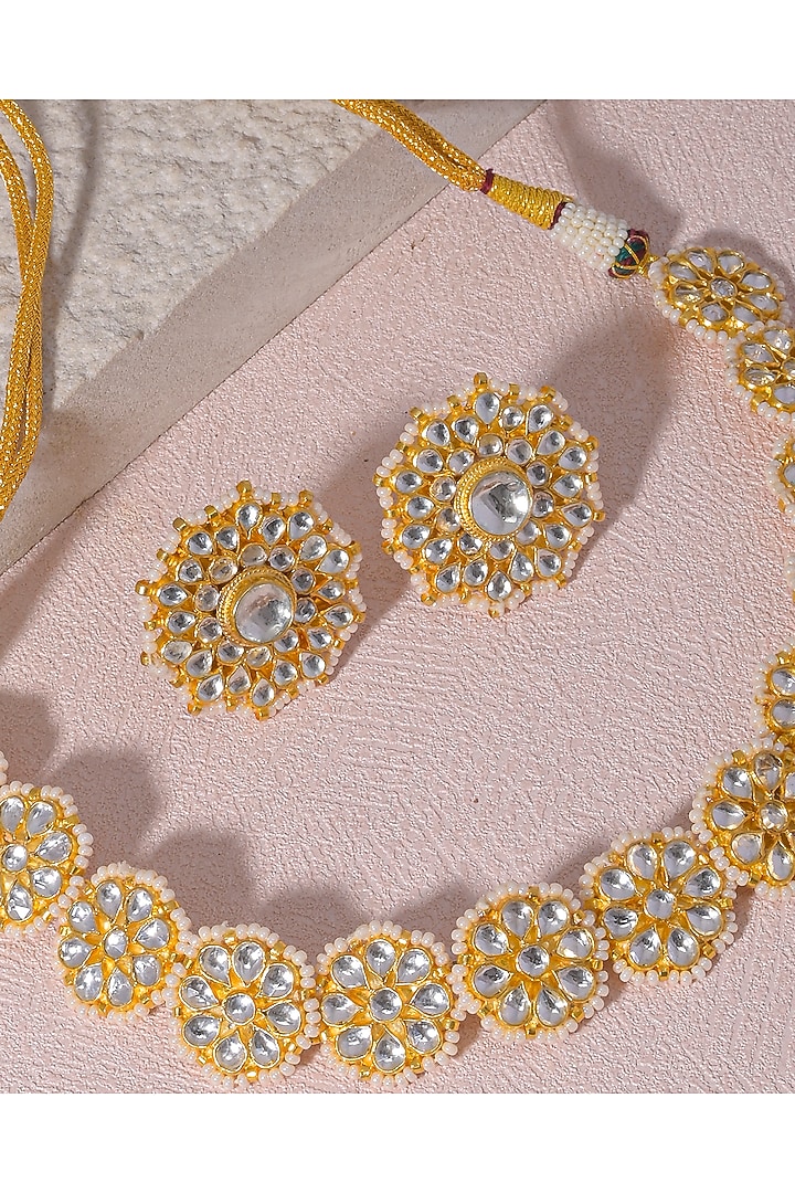 Gold Finish Pearl & Kundan Polki Choker Necklace Set by Namasya at Pernia's Pop Up Shop