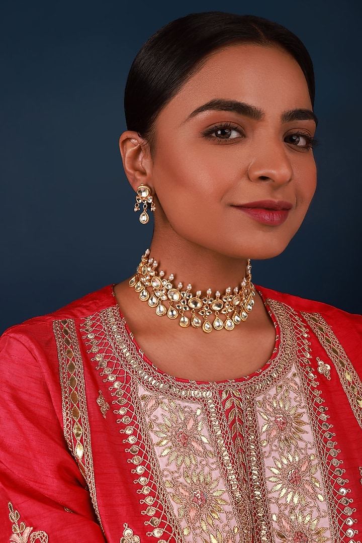 Gold Finish Kundan Polki Choker Necklace Set by Namasya at Pernia's Pop Up Shop