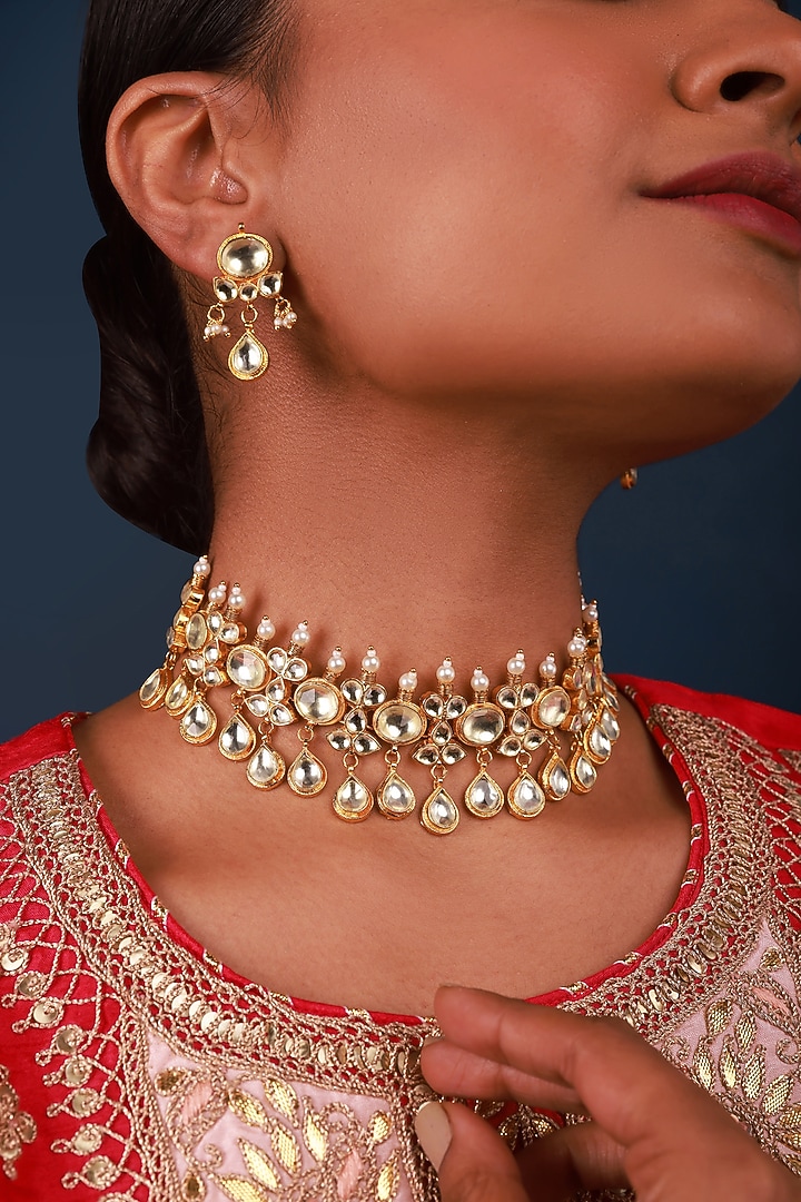Gold Finish Kundan Polki Choker Necklace Set by Namasya at Pernia's Pop Up Shop