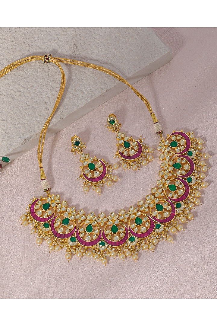 Gold Finish Kundan Polki & Pearl Drop Necklace Set by Namasya at Pernia's Pop Up Shop