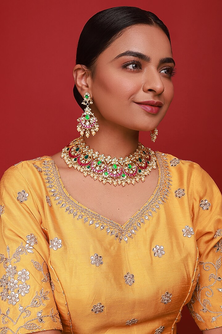 Gold Finish Kundan Polki & Pearl Drop Necklace Set by Namasya at Pernia's Pop Up Shop