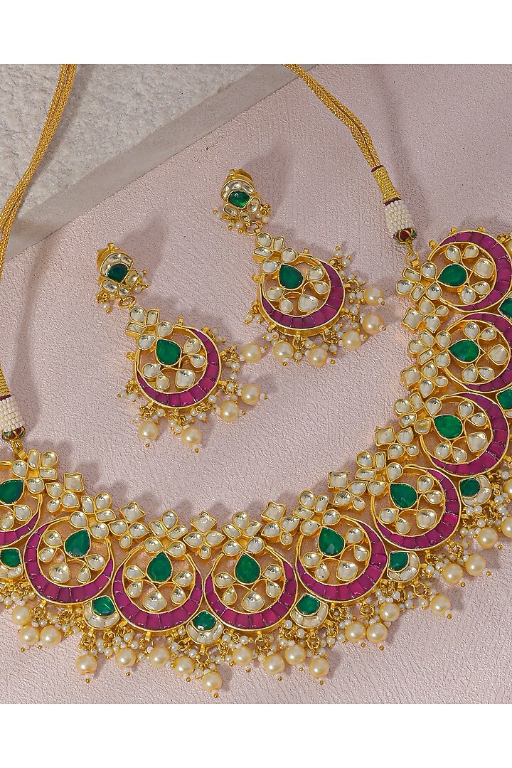 Gold Finish Kundan Polki & Pearl Drop Necklace Set by Namasya at Pernia's Pop Up Shop