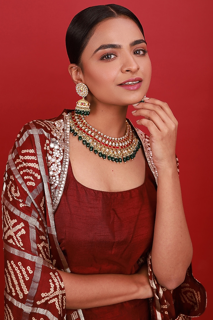 Gold Finish Kundan Polki Necklace Set by Namasya at Pernia's Pop Up Shop