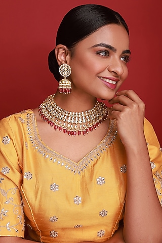 Gold Finish Kundan Polki Necklace Set by Namasya