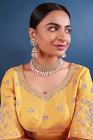 Gold Finish Kundan Polki Necklace Set by Namasya