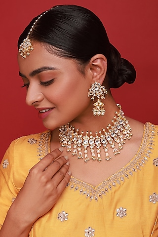 Gold Finish Kundan Polki & Pearl Drop Necklace Set by Namasya