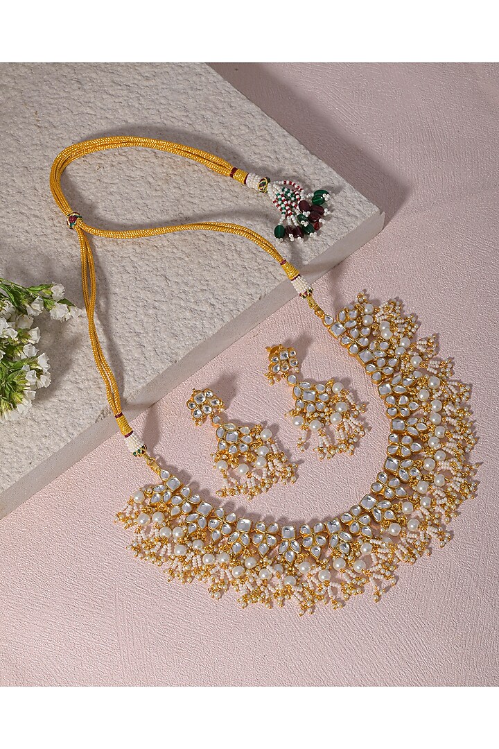 Gold Finish Kundan Polki & Pearl Drop Necklace Set by Namasya at Pernia's Pop Up Shop