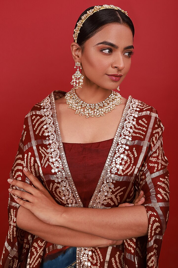 Gold Finish Kundan Polki & Pearl Drop Necklace Set by Namasya at Pernia's Pop Up Shop
