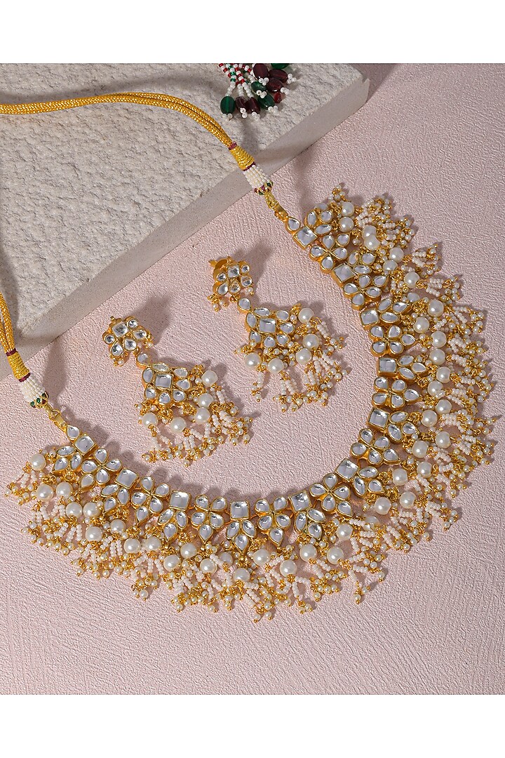 Gold Finish Kundan Polki & Pearl Drop Necklace Set by Namasya at Pernia's Pop Up Shop