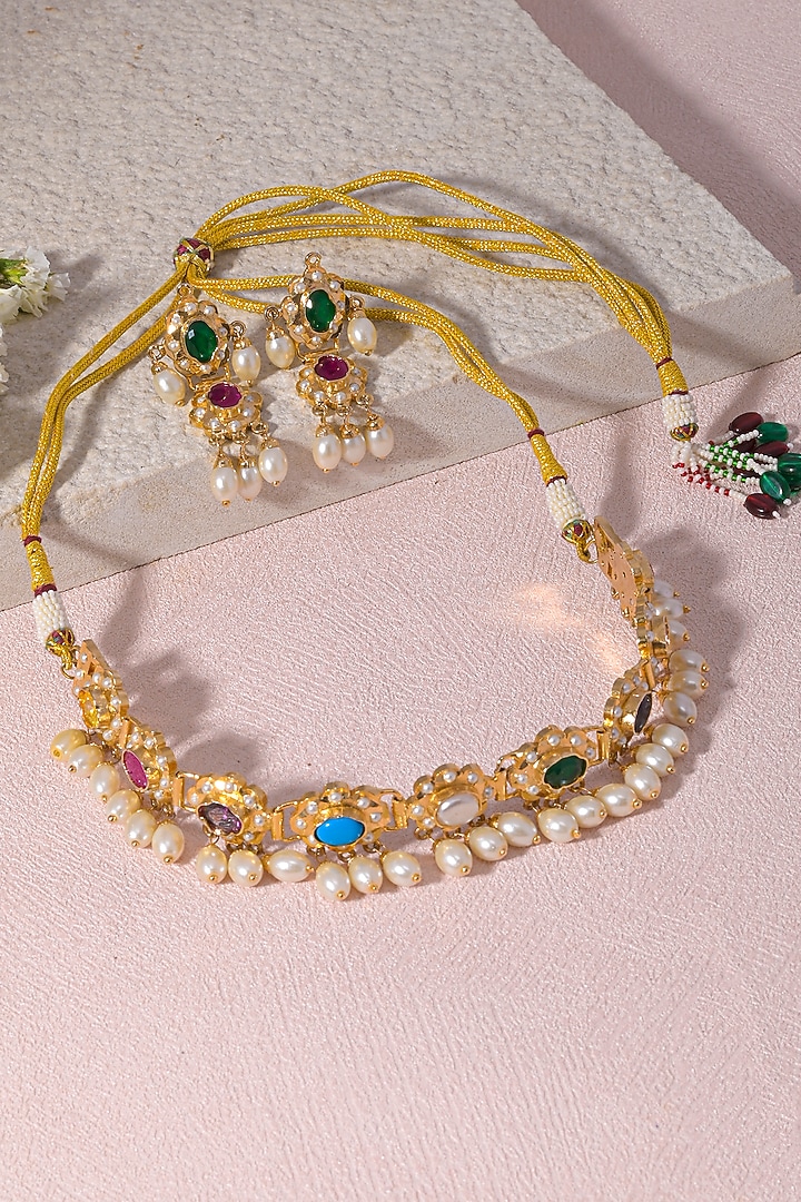 Gold Finish Kundan Polki & Jadau Navratna Choker Necklace Set by Namasya at Pernia's Pop Up Shop