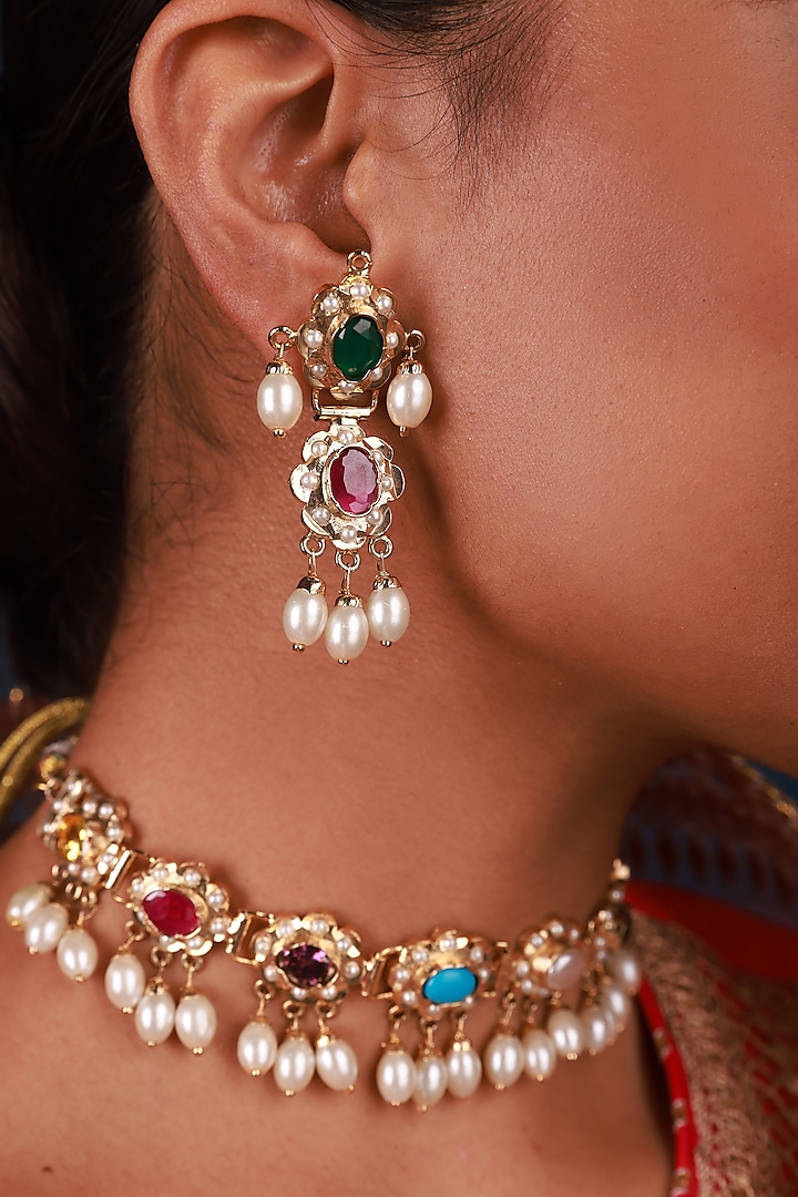 Gold Finish Kundan Polki & Jadau Navratna Choker Necklace Set by Namasya at Pernia's Pop Up Shop