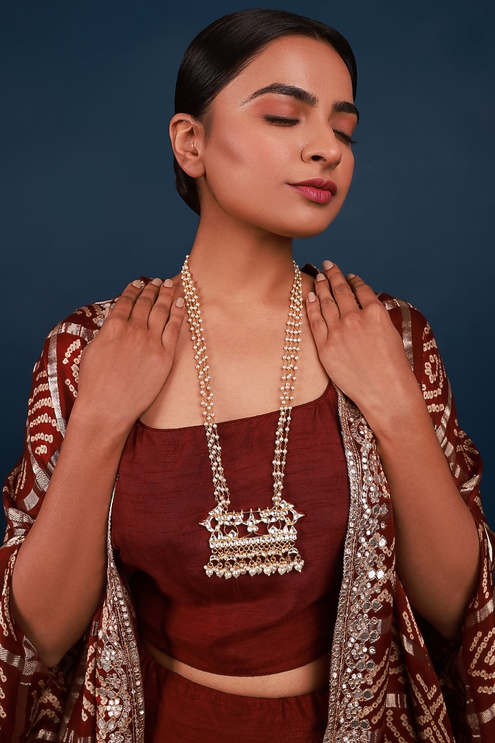 Gold Finish Kundan Polki & Pearl Drop Long Necklace by Namasya at Pernia's Pop Up Shop