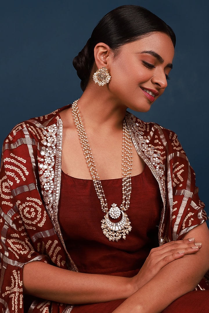 Gold Finish Mother Of Pearl Long Necklace Set by Namasya at Pernia's Pop Up Shop