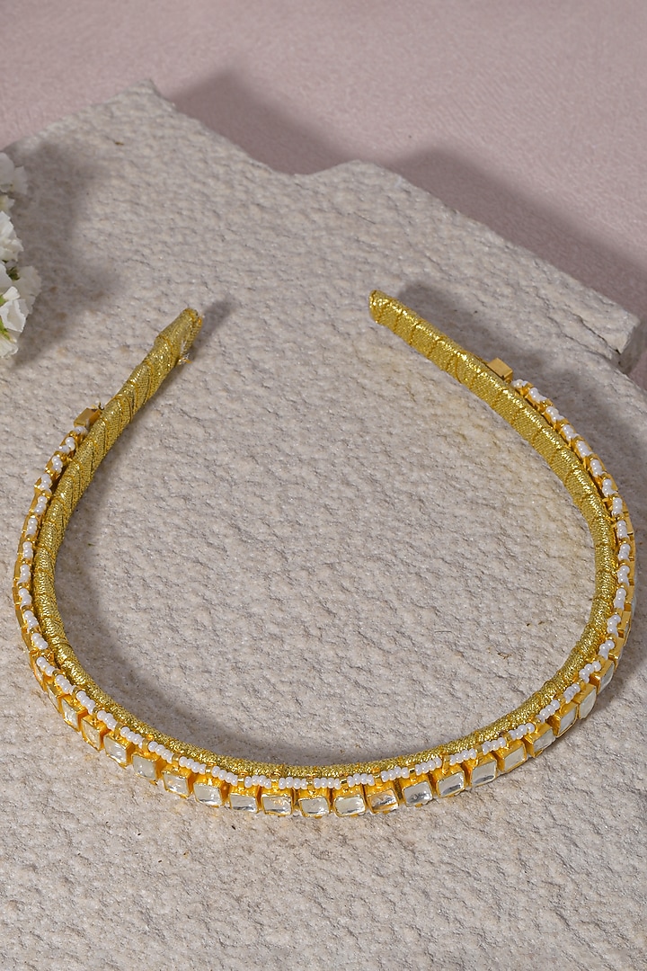 Gold Finish White Kundan Polki Handcrafted Hairband by Namasya at Pernia's Pop Up Shop