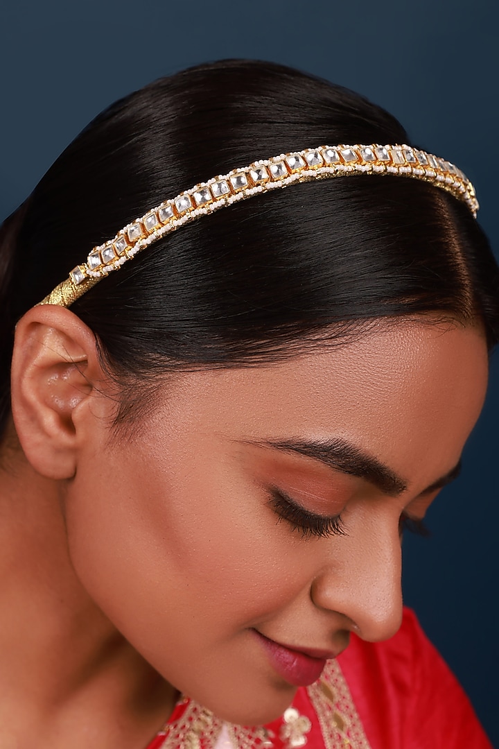 Gold Finish White Kundan Polki Handcrafted Hairband by Namasya at Pernia's Pop Up Shop