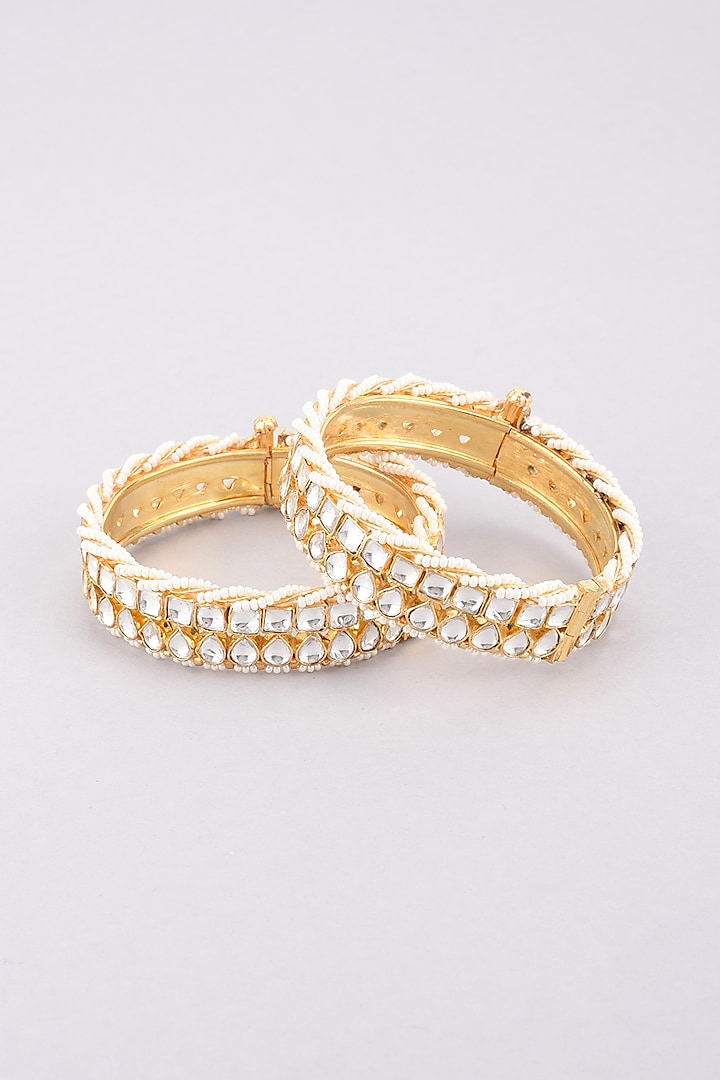 Gold Finish Bangles With Pearls (Set of 2) by Namasya