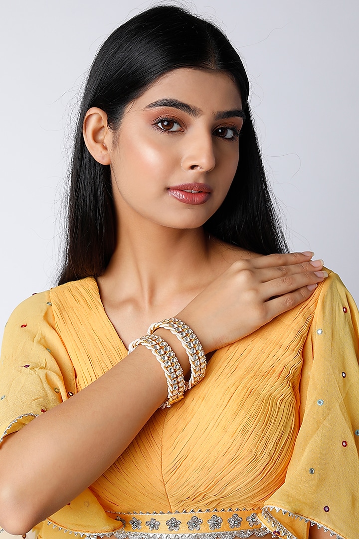 Gold Finish Bangles With Pearls (Set of 2) by Namasya