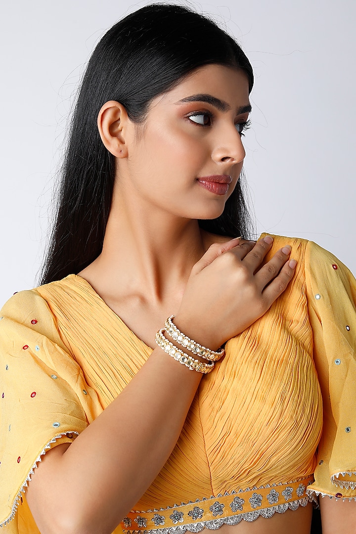 Gold Finish Bangles With Pearl (Set of 2) by Namasya