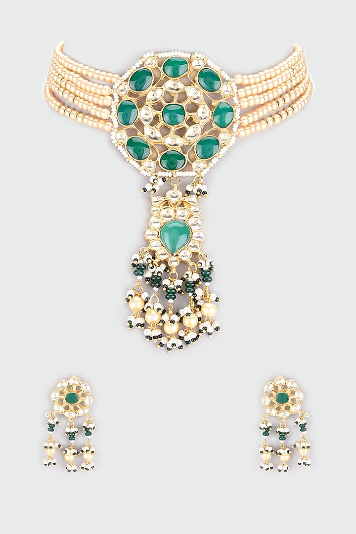 Gold Finish Pearl Choker Necklace Set by Namasya