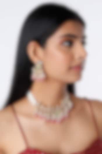 Gold Finish Baby Pink Beaded Choker Necklace Set by Namasya at Pernia's Pop Up Shop