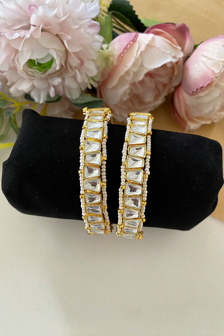 Gold Finish Kundan Polki Bangles (Set of 2) by Namasya at Pernia's Pop Up Shop